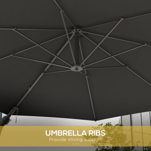 Outsunny 3 M Wall Mounted Garden Parasol Umbrella with Rotate, Outdoor Market Umbrella Sun Shade Canopy with 8 Ribs, Charcoal Grey