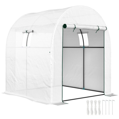 Outsunny 1.8 x 1.8 x 2m Polytunnel Greenhouse with Doors and Mesh Windows, Walk-in Grow House Tent with UV-resistant PE Cover and Steel Frame, White