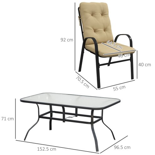 Outsunny 7 Pieces Garden Dining Set, Outdoor Rectangular Dining Table and 6 Cushioned Armchairs, Tempered Glass Top Table w/ Umbrella Hole, Texteline Seats, Beige