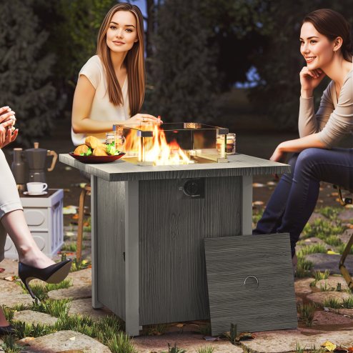 Outsunny Propane Gas Fire Pit Table for Garden, 40000 BTU Smokeless Firepit Outdoor Heater with Waterproof Cover, Glass Screen, Glass Beads and Lid, Wood Effect, 71 x 71 x 62.5cm, Dark Grey