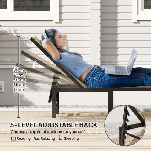 Outsunny Sun Loungers for Garden Set of 2, 5-Level Adjustable Reclining Sun Lounger Chairs, Flat Garden Lounger Sunbed with Texteline Seat, Steel Frame for Patio, Beach, Khaki
