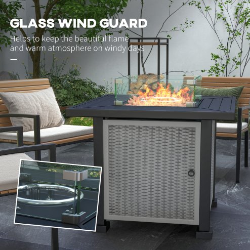 Outsunny Square Propane Gas Fire Pit Table, 50000 BTU Rattan Smokeless Firepit Patio Heater with Glass Screen, Glass Beads and Lid, 81cm x 81cm x 64cm, Grey