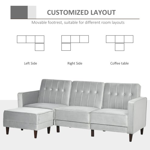 HOMCOM Corner Sofa Bed Reversible 3-Seater Sectional Sofa Set Velvet-Touch Sleeper Futon with Footstool, Light Grey