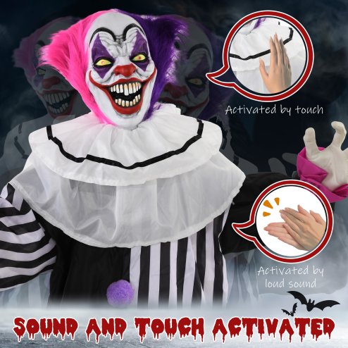 HOMCOM 173cm Laughing Clown Outdoor Halloween Decoration, Animated Halloween Prop with Light Up Eyes, Sound Effects, Sound Activated for Haunted House