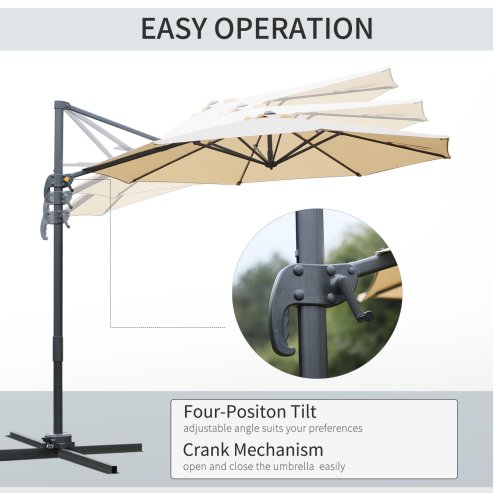 Outsunny 3(m) Patio Offset Parasol Roma Umbrella Cantilever Hanging Sun Shade Canopy Shelter Tilt 360 Rotation with Aluminium Frame Hand Crank Cross Base, Beige