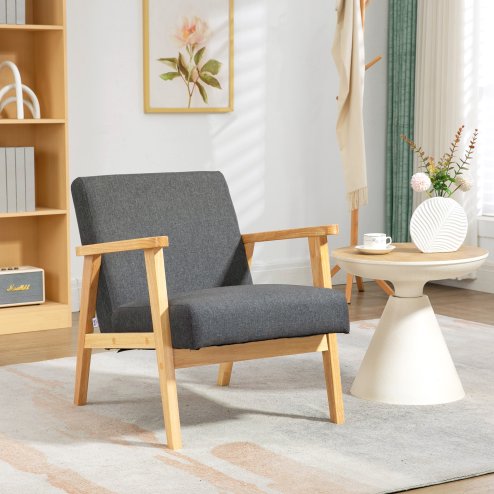 HOMCOM Accent Armchair, Living Room Chair, Wooden Upholstered Single Lounge Chair with Rubber Wood Legs and Padded Seat , Leisure Sofa Chair for Bedroom Office, Dark Grey Image