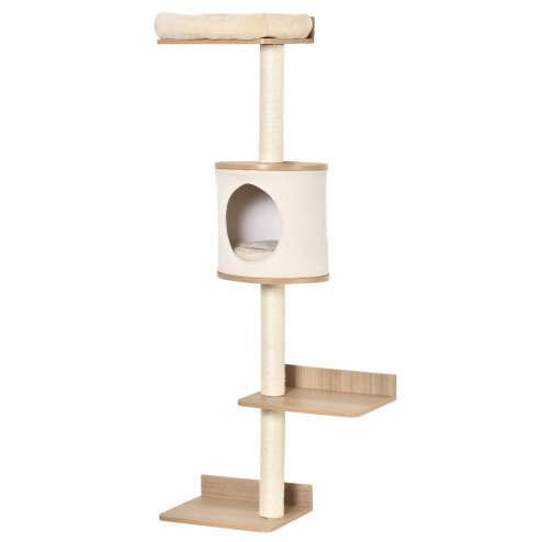 PawHut Cat Tree for Indoor Cats, Wall Mounted Cat Shelf w/ Perch, Cat House, Scratching Post - Beige