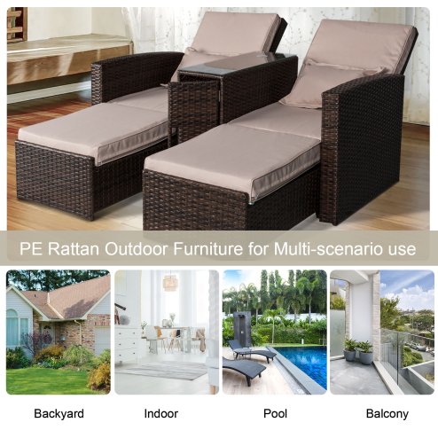 Outsunny Double Rattan Sun Lounger, Already Assembled Reclining Garden Lounger with Retractable Footrest, Glass Top Storage Table with Umbrella Hole, Garden Sunbed with Cushions and Pillows, Brown