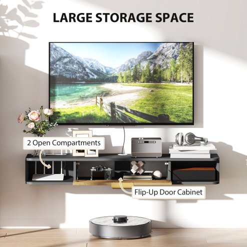 HOMCOM 120 cm Floating TV Stand Cabinet, Wall Mounted TV Cabinet with Open Compartments and Flip Door, Modern Entertainment Media Console for Living Room, Charcoal Grey