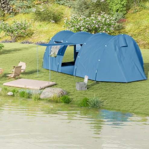 Outsunny 5-6 Man Tunnel Tent, Two Room Camping Tent with Floor, 2 Doors and Carry Bag, 2000mm Water Column for Fishing, Hiking, Sports, Festival, Blue