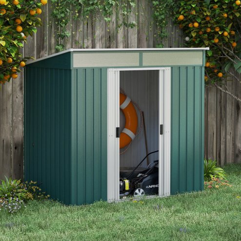 Outsunny 6.5 x 4FT Galvanised Metal Garden Shed with Foundation Kit, Lockable Tool Storage House with Double Sliding Doors and 2 Vents, Green