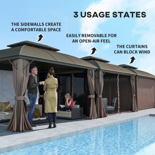 Outsunny 3.65 x 3(m) Hardtop Steel Gazebo Canopy for Patio Heavy Duty Outdoor Pavilion with Aluminium Alloy Frame, Double Roof, Net Sidewalls and Curtains, Coffee