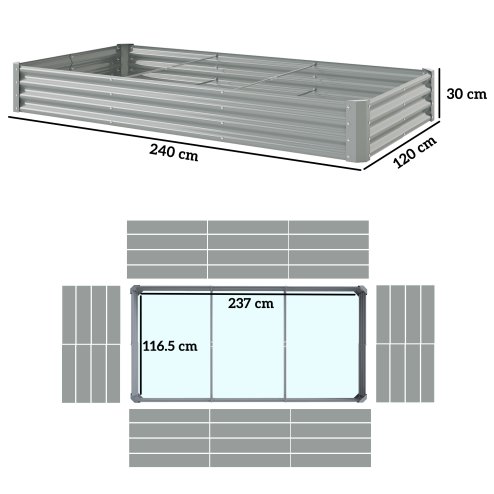 Outsunny Galvanised Raised Garden Bed, 240 x 120 x 30cm Raised Bed with Reinforcing Bars, Outdoor Raised Planter with Open Bottom for Vegetables, Flowers, Herbs, Silver