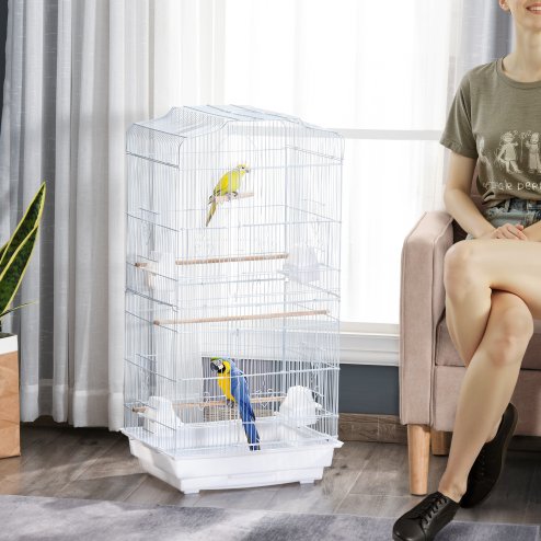 PawHut Bird Cage with Perches, Food Bowls, Swing, Parrot Cage for Budgie, Parakeet, Small Bird, 46.5 x 35.5 x 92cm, White