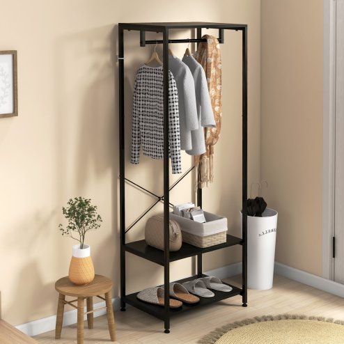 HOMCOM Coat Rack, 2-in-1 Clothes Stand with Shoe Storage, 168cm Free Standing Hall Tree with Hanging Rail and 2 Storage Shelves for Hallway, Entryway, Bedroom