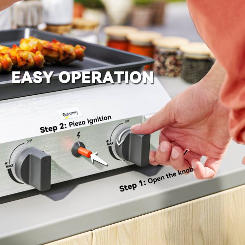 Outsunny Gas Plancha Grill with 2 Stainless Steel Burners, 4.8kW, Portable Tabletop Gas BBQ with Non-Stick Griddle for Camping, Picnic, Garden, Party, Festival, Silver Tone