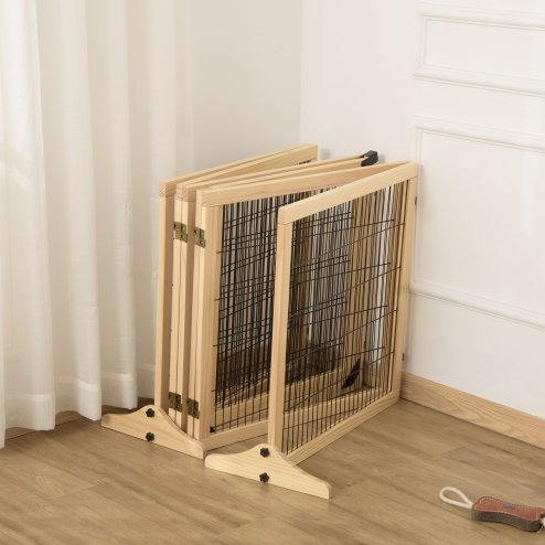 PawHut Freestanding Pet Gate, 6 Panel Foldable Playpen, Wooden Dog Gate with 2 Support Feet, for Stairs, Doorway - Natural Tone