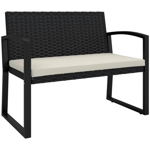 Outsunny 2 Seater Rattan Garden Bench, Outdoor Bench with Cushion, PE Wicker Garden Loveseat with Armrests, Galvanised Steel Frame for Patio, Park, Black