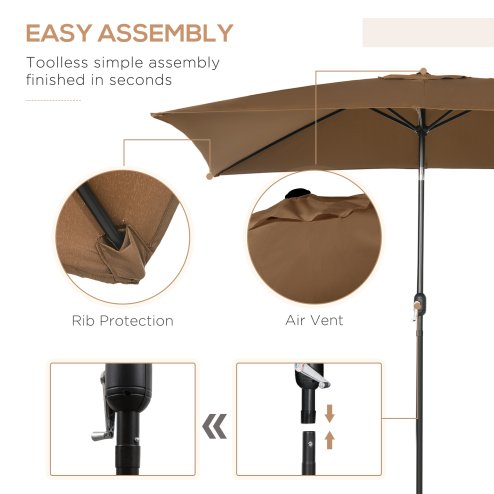 Outsunny 3x2m Garden Parasol Umbrella with Tilt and Crank, Outdoor Sun Shade Canopy with Aluminium Frame and Steel Ribs, Rectangular, Brown