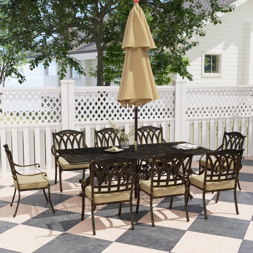 Outsunny 9 Pieces Cast Aluminium Garden Dining Set, 8 Seater Garden Table and Chairs with Parasol Hole, Outdoor Garden Furniture Set with Cushions for Patio, Bronze Tone