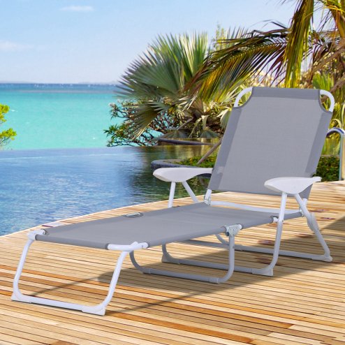 Outsunny Foldable Sun Lounger, Outdoor 4 Level Adjustable Backrest Reclining Lounge Chair with Armrests for Patio, Garden, Grey