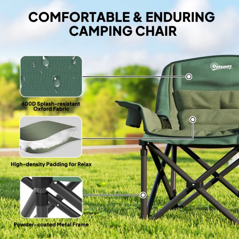 Outsunny Folding Camping Chair for Adults, Portable Padded Folding Chair with Cup Holders, Side Pockets and Carry bag for Picnic, Hiking, Fishing, Olive Green
