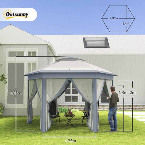 Outsunny 3 x 4m Garden Gazebo Hexagon Pop Up Gazebo Party Tent Canopy Double Roof Instant Shelter with Netting and Carry Bag for Outdoor Patio, Grey