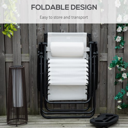 Outsunny Foldable Reclining Garden Chair with Headrest, Zero Gravity Deck Sun Lounger Seat Chair with Footrest, Armrest, Cup Holder & Canopy Shade, White