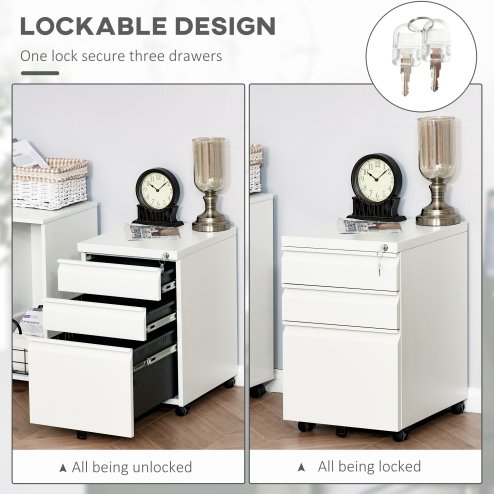 Vinsetto 3-Drawer Filing Cabinet with Lock, Mobile Steel File Cabinet for A4, Legal and Letter Size, Under Desk Drawers with Pre-Assembled Body for Home Office, 39 x 48 x 60 cm, White