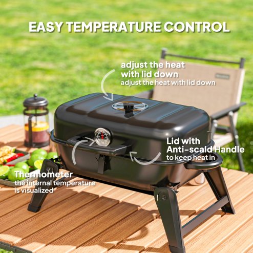Outsunny Charcoal Barbecue Grill Folding BBQ Grill with 1232 cm? Cooking Area, Adjustable Vent, Thermometer, Handles for Camping Picnic, Black