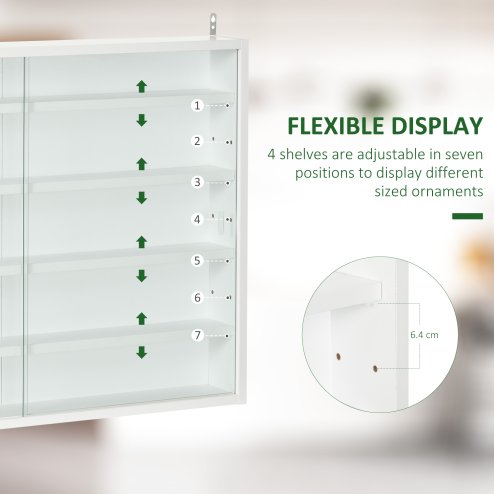 HOMCOM 5-Tier Wall Mounted Display Cabinet, Display Case with 4 Adjustable Shelves, Glass Doors for Home Office Ornaments 60x80cm