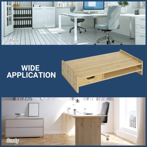 HOMCOM Monitor Riser Laptop PC Plinth Stand TV Computer Desktop Organiser W/ Drawer Bamboo