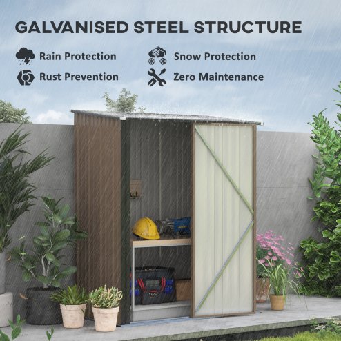Outsunny 5ft x 3ft Lean to Garden Shed, Metal Outdoor Storage Shed with Single Lockable Door, Tool Storage Shed for Garden, Patio, Brown