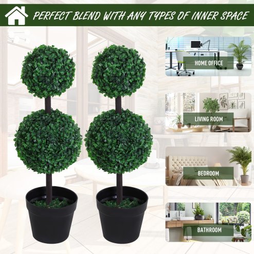 Outsunny Set of 2 Artificial Boxwood Ball Topiary Trees Potted Decorative Plant Indoor D??cor (67cm)