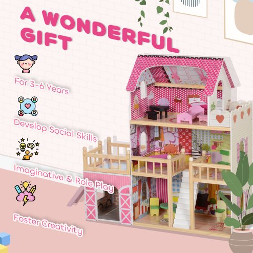 AIYAPLAY Dolls House with 13 Pieces Wooden Furniture and Accessories, 3 Levels Play Set with Detachable Balcony, Garage, Movable Slides, Gift for 3-6 Years