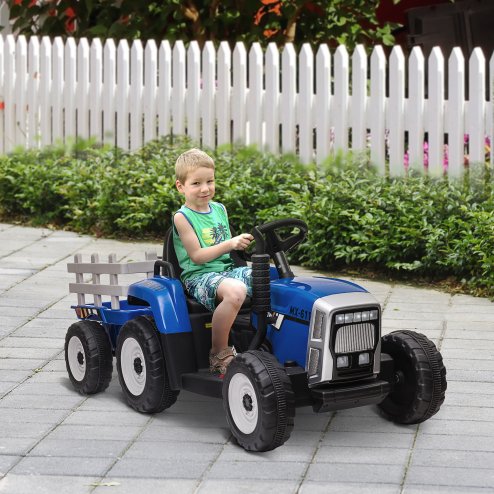 HOMCOM Electric Ride on Tractor 12V Kids Electric Car with Detachable Trailer Remote Control, Music, Horn, Lights, Start-Up Sound, for Ages 3-6 Years - Blue