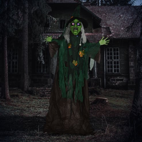 HOMCOM 6ft Outdoor Halloween Decoration Witch, Standing Witch Prop Life Size with Sound and Motion Activated, Light Up Eyes Magical Heart, Talking Sound, Posable Arms, Moving Head