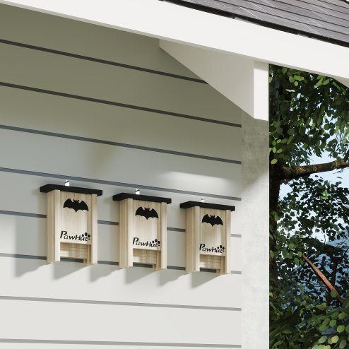 PawHut Bat Boxes, Pack of 3 Wooden Bat Houses for Outdoor, Garden, Farm, Easy for Bat to Land and Roost, Designed to Attract Bats & Easy to Hang, 18 x 6 x 22.5 cm