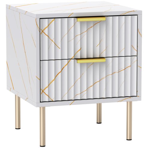 HOMCOM Marble Pattern Bedside Table, Fluted Bedside Cabinet with 2 Drawers, Side End Table with Steel Legs for Bedroom, White
