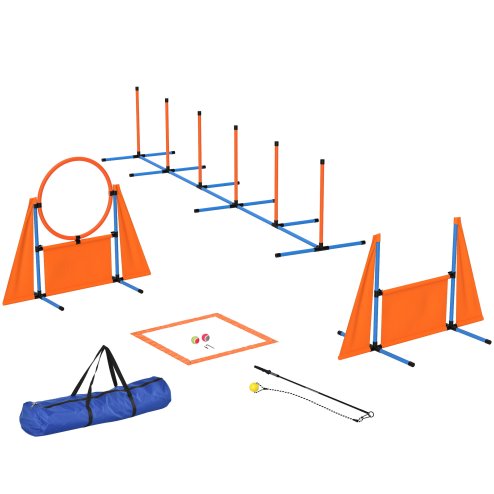 PawHut Dog Agility Equipment, 7-Piece Pet Agility Training Set with Weave Poles, Jump Ring, Hurdle, Pause Box, Bag, Obstacle Training Course Kit, Orange Image