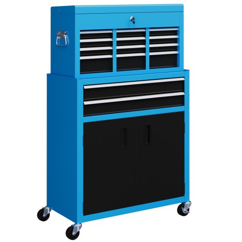 HOMCOM Tool Chest, Metal Tool Cabinet on Wheels with 6 Drawers, Pegboard, Top Chest and Roller Cabinet Combo, 61.6 x 33 x 108cm, Blue