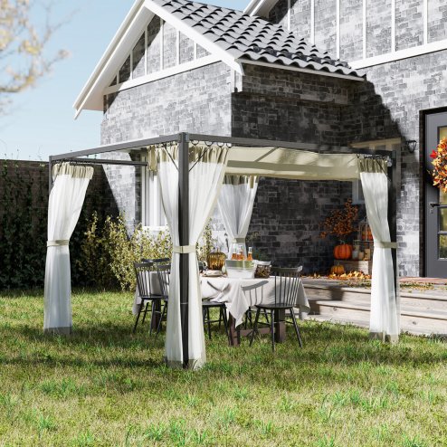 Outsunny 3 x 3 m Pergola with Retractable Roof Canopy and Netting Sidewalls, Aluminium Frame Garden Gazebo Outdoor Sun Shade Shelter for Grill, Patio, Deck, Khaki