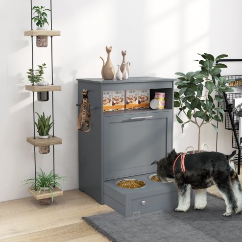 PawHut Pet Feeder Station, Dog Food Storage Container w/ Raised Dog Bowls, Hanger, for Food and Water - Grey Image