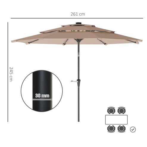 Outsunny 2.6 m Garden Parasol with Solar LED Lights, 3-Tier Patio Umbrella Outdoor with Tilt Mechanism & Crank Handle, UPF 30+, Table Umbrella for Market Terrace, Khaki