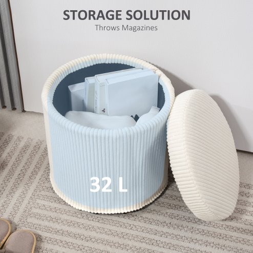 HOMCOM 40cm Round Storage Ottoman, Corduroy Footstool with Removable Lid and Legs, Vanity Stool for Living Room, Bedroom