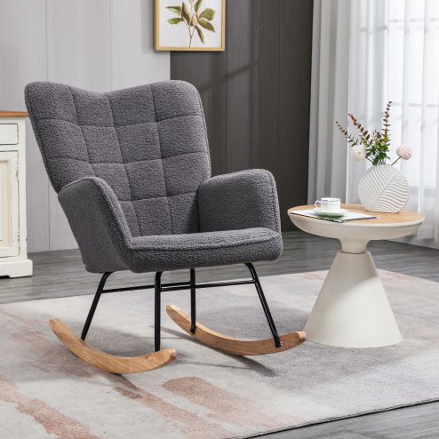HOMCOM Wingback Rocking Chair with Wooden Base, Fleece Glider Rocker for Nursing, Modern Armchair - Dark Grey Image