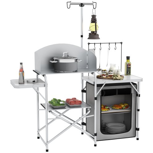 Outsunny Camping Kitchen with Storage Cupboard, Folding Camping Table, Aluminium Portable Picnic Table with Windshield, Light Stand, Carrying Bag for BBQ, Silver