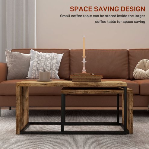 HOMCOM Coffee Tables Set of 2, Industrial Nest of Tables with Metal Frame for Living Room Bedroom