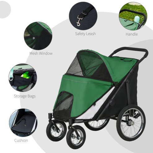 PawHut Large Dog Stroller Dog Pram Foldable Pet Pushchair with Safety Leashes for Medium, Large Dogs - Green