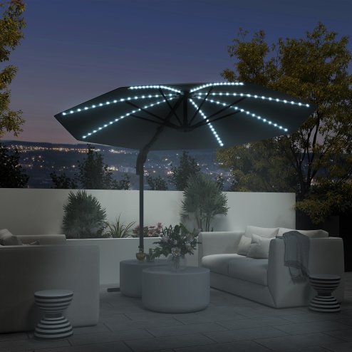 Outsunny 3(m) Cantilever Garden Parasol with Solar Powered Lights, Fibreglass Ribs, Crank Handle & Cross Base, UPF 50+, 360 Rotation, Overhanging Patio Umbrella for Patio Market, Dark Grey